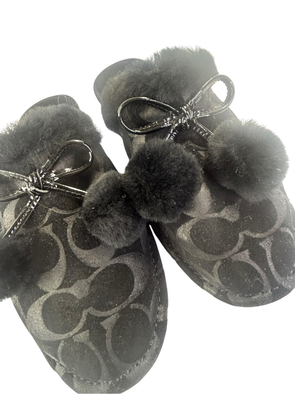 Vintage Coach Poppy Jayda Black Signature C Jacquard Fur Slippers Bows Y2K - Picture 3 of 7